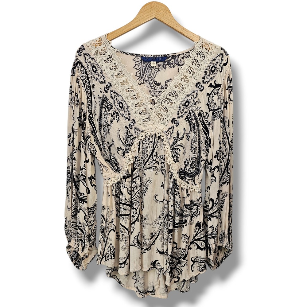 Blue Rain Paisley Crochet Lace Top L Cream Black Boho Romantic‎ Fairy Whimsy